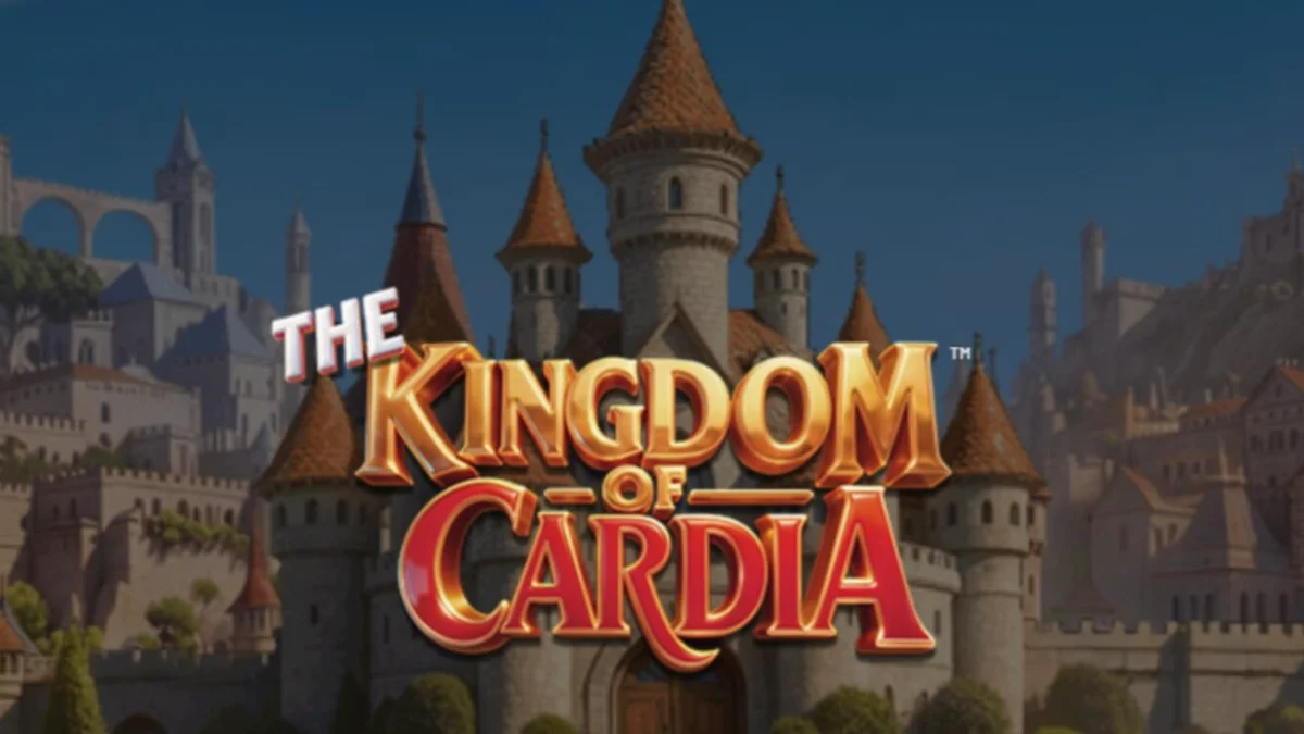 The Kingdom of Cardia slot game interface showing whimsical garden theme and card symbols