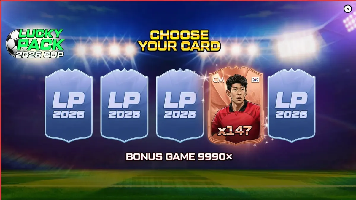 Tampilan visual slot Lucky Pack 2026 Cup dengan tema stadion sepak bola yang meriah